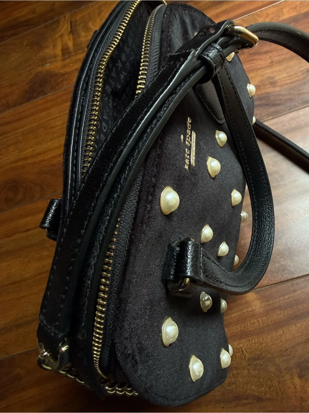 kate spade Black Pearl-Embellished Velvet Dome Satchel